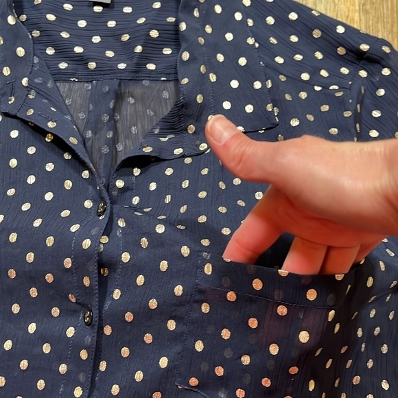 Aerie Navy & Gold Polka Dot Blouse Top Sheer Button Up Size XL EUC Collared - Picture 3 of 13